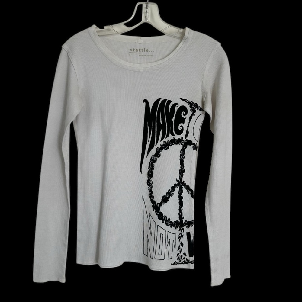 Tattle White Long Sleeve Thermal with Black Peace Graphic Sz M (fits like SM)
